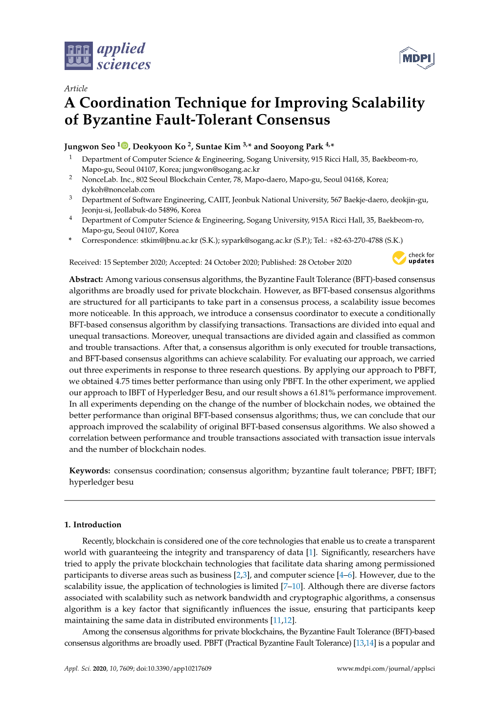 A Coordination Technique for Improving Scalability of Byzantine Fault-Tolerant Consensus