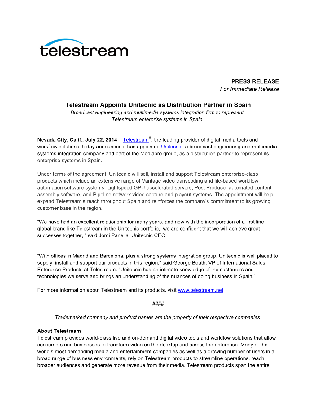 Telestream Appoints Unitecnic As Distribution Partner in Spain