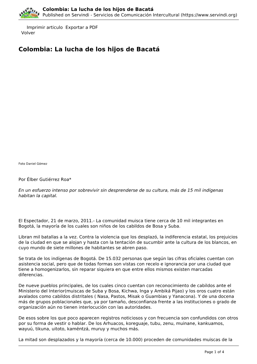 Colombia: La Lucha De Los Hijos De Bacatá Published on Servindi - Servicios De Comunicación Intercultural (