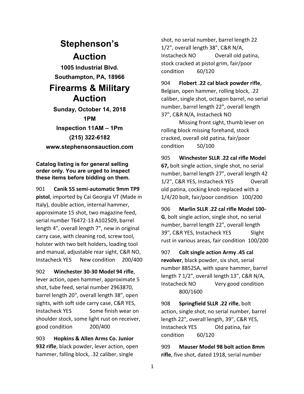 Stephenson's Auction Firearms & Military Auction