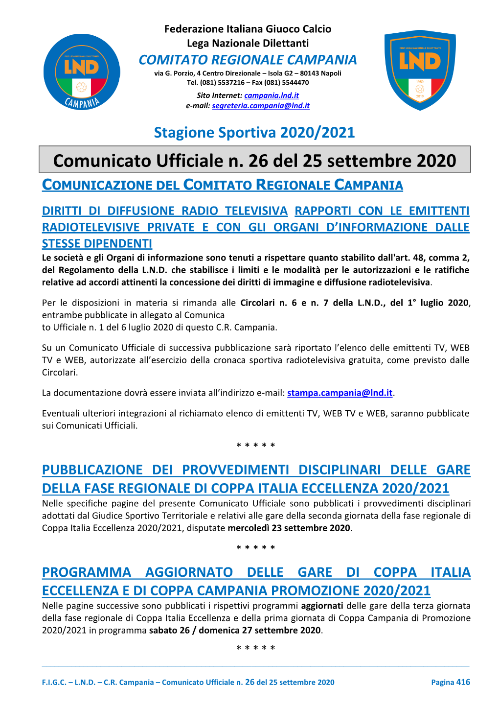 Comunicato Ufficiale N. 26 Del 25 Settembre 2020
