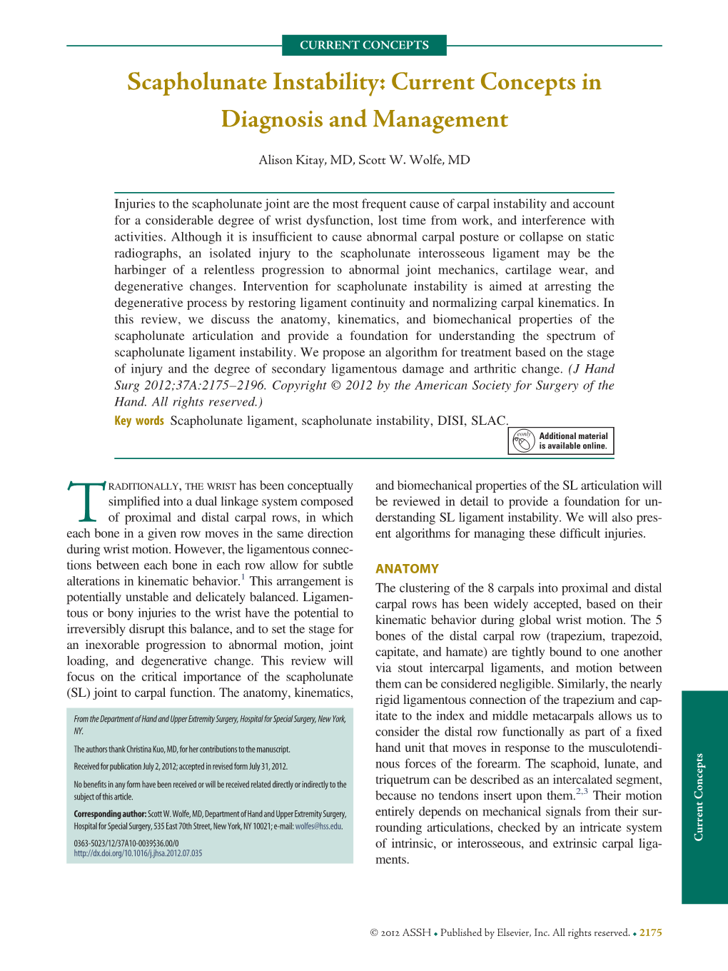 Scapholunate Instability: Current Concepts in Diagnosis and Management