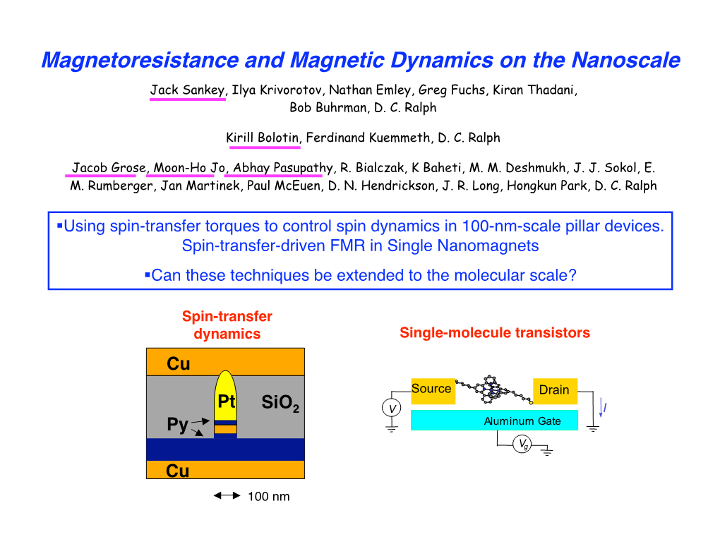 Magnetoresistance and Magnetic Dynamics on the Nanoscale Jack Sankey, Ilya Krivorotov, Nathan Emley, Greg Fuchs, Kiran Thadani, Bob Buhrman, D