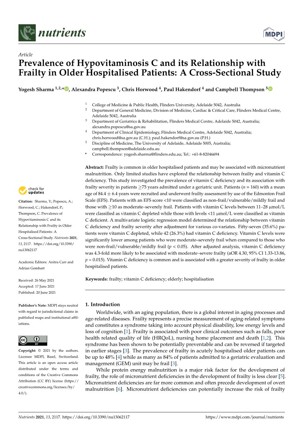 Prevalence of Hypovitaminosis C and Its Relationship with Frailty in Older Hospitalised Patients: a Cross-Sectional Study