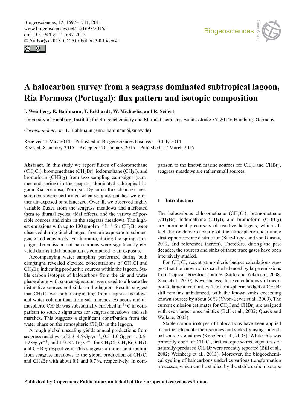 A Halocarbon Survey from a Seagrass Dominated Subtropical Lagoon, Ria Formosa (Portugal): ﬂux Pattern and Isotopic Composition