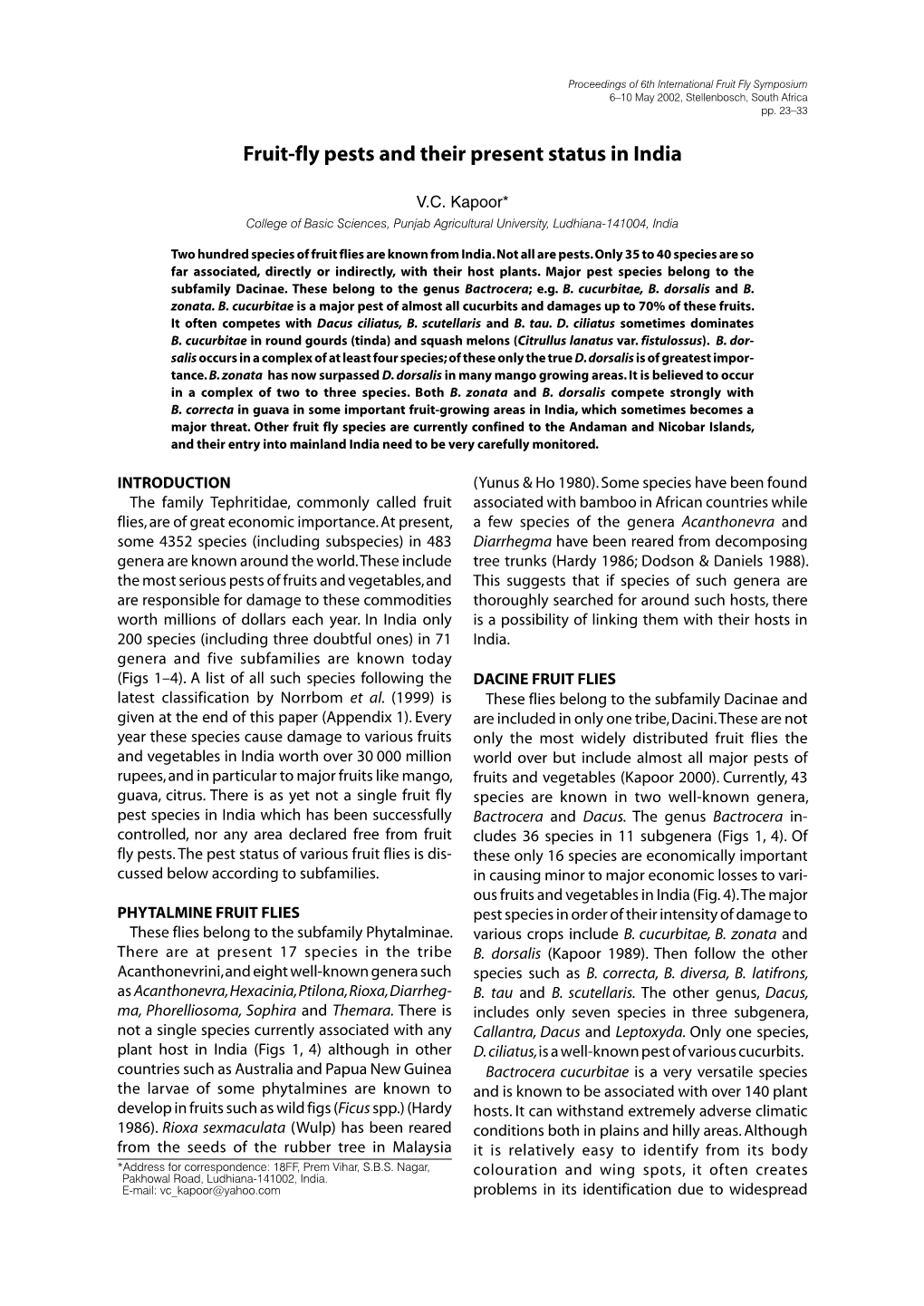 Fruit-Fly Pests and Their Present Status in India