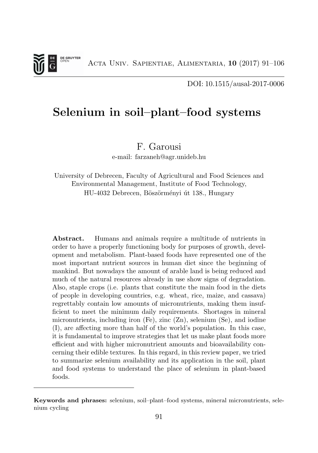 Selenium in Soil–Plant–Food Systems