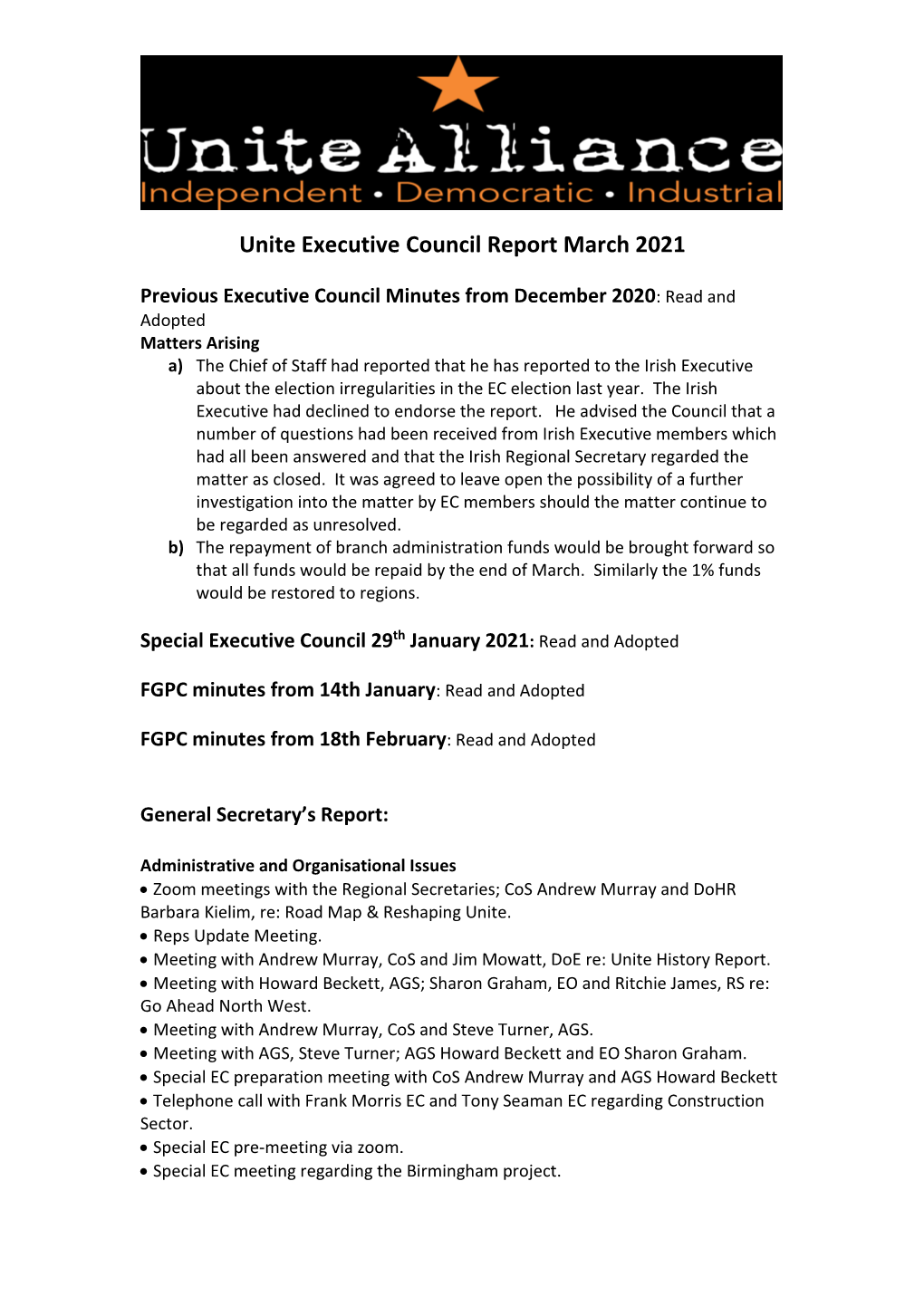 Unite Executive Council Report June 2017