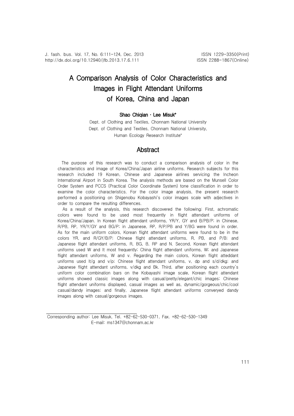 A Comparison Analysis of Color Characteristics and Images in Flight Attendant Uniforms of Korea, China and Japan