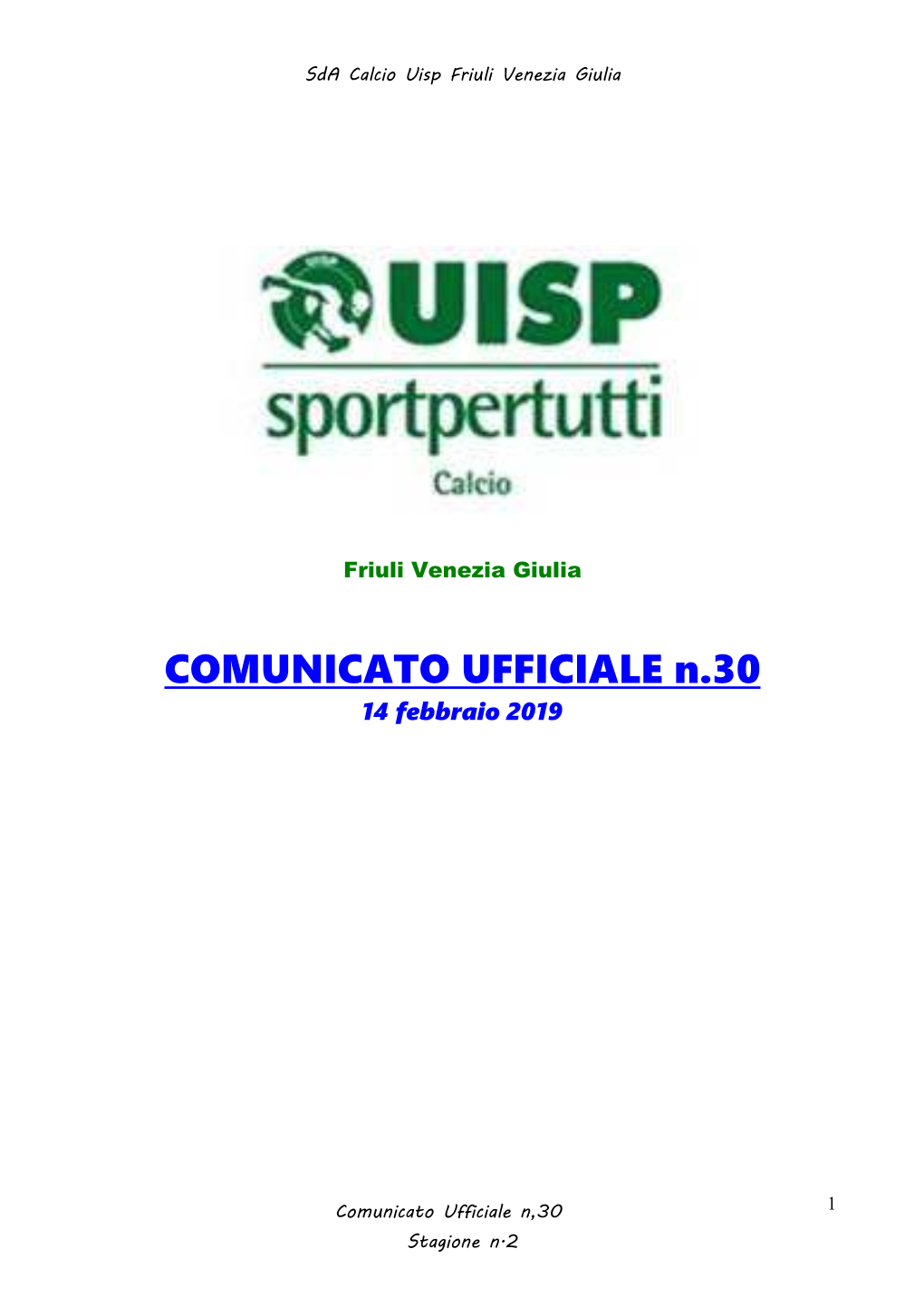 Comunicato Ufficiale N.30 Del 14 Febbraio 2019