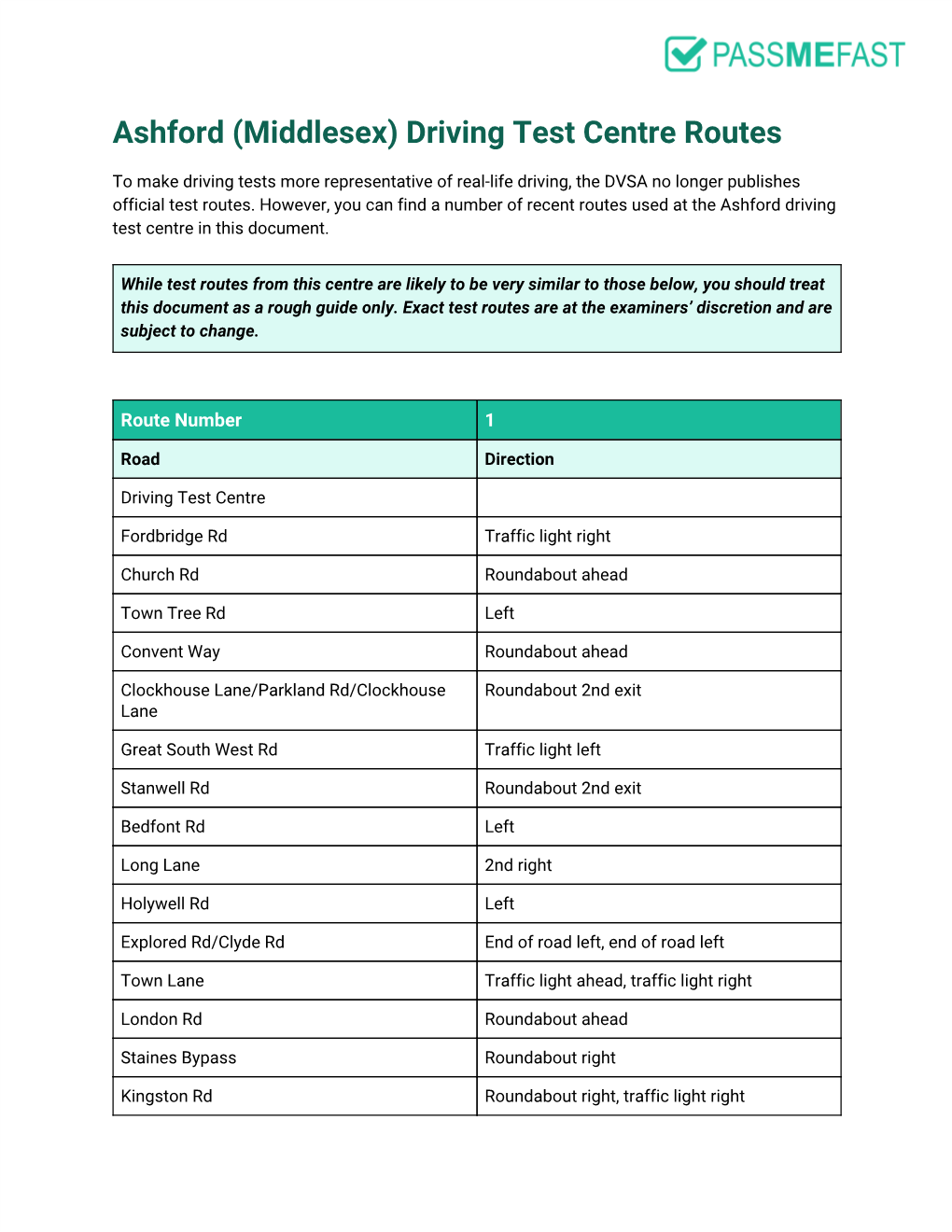 Ashford (Middlesex) Driving Test Centre Routes