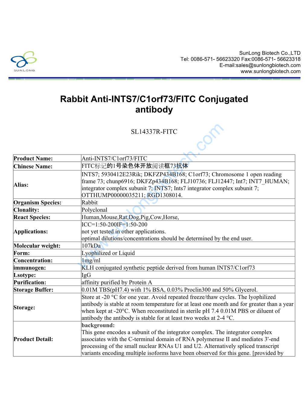 Rabbit Anti-INTS7/C1orf73/FITC Conjugated Antibody-SL14337R