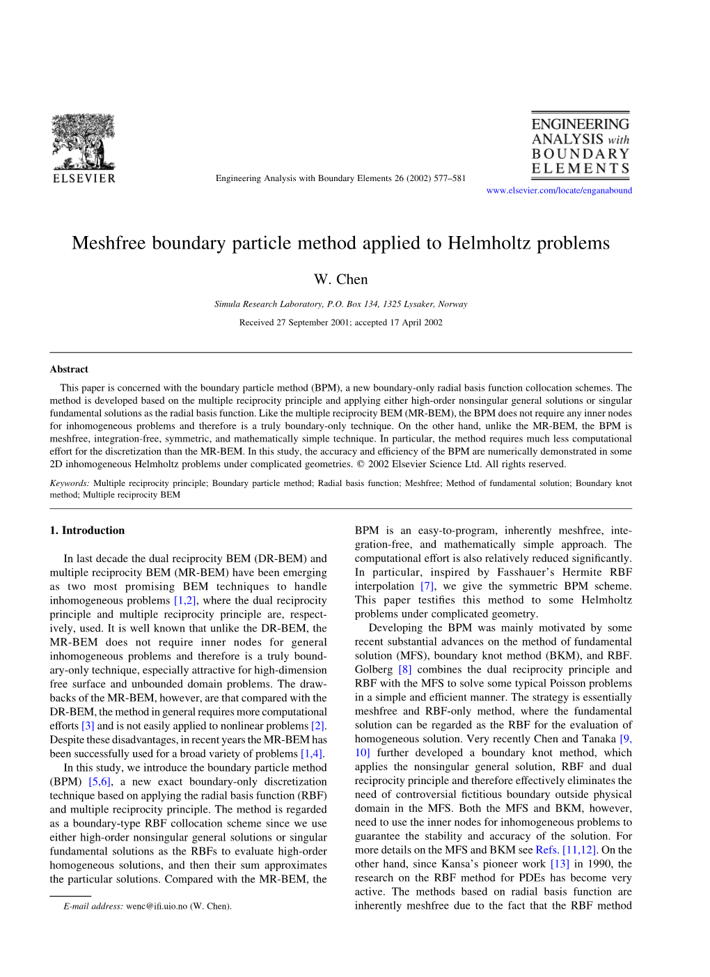Meshfree Boundary Particle Method Applied to Helmholtz Problems