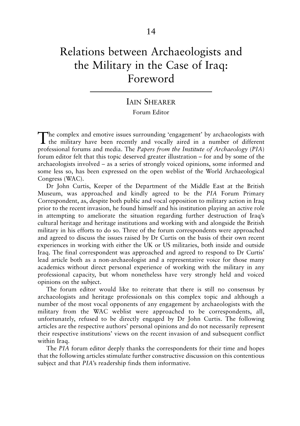 Relations Between Archaeologists and the Military in the Case of Iraq: Foreword