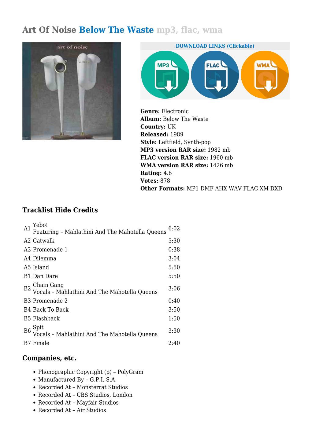 Art of Noise Below the Waste Mp3, Flac, Wma