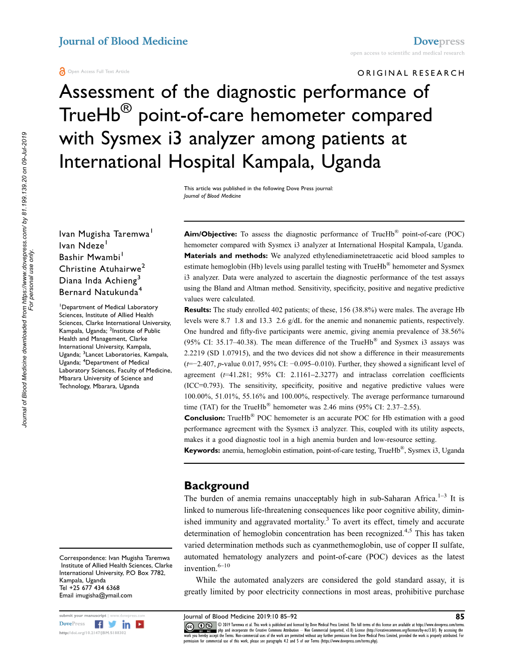 Assessment of the Diagnostic Performance of Truehb Point-Of