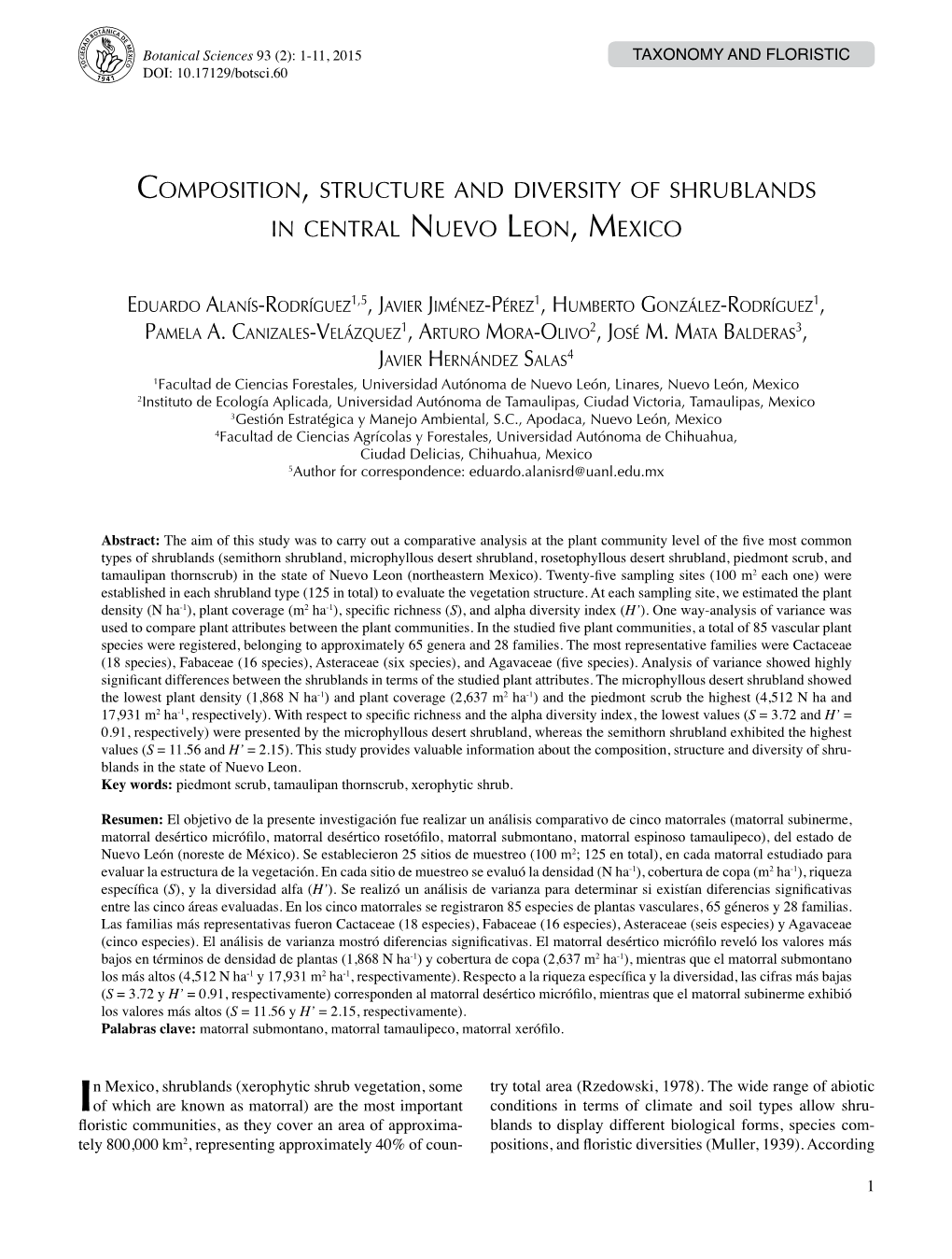 Composition, Structure and Diversity of Shrublands in Central Nuevo Leon, Mexico