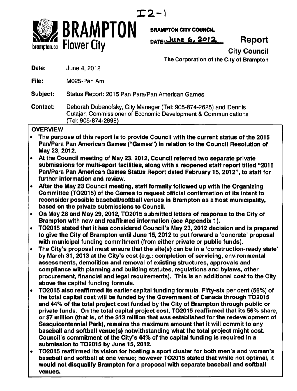 City Council Item I2-1 for June 6, 2012