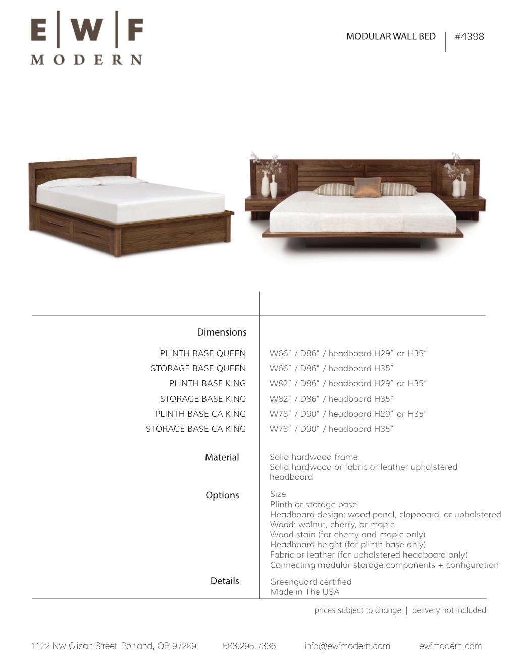 MODULAR WALL BED #4398 Dimensions Material Options Details