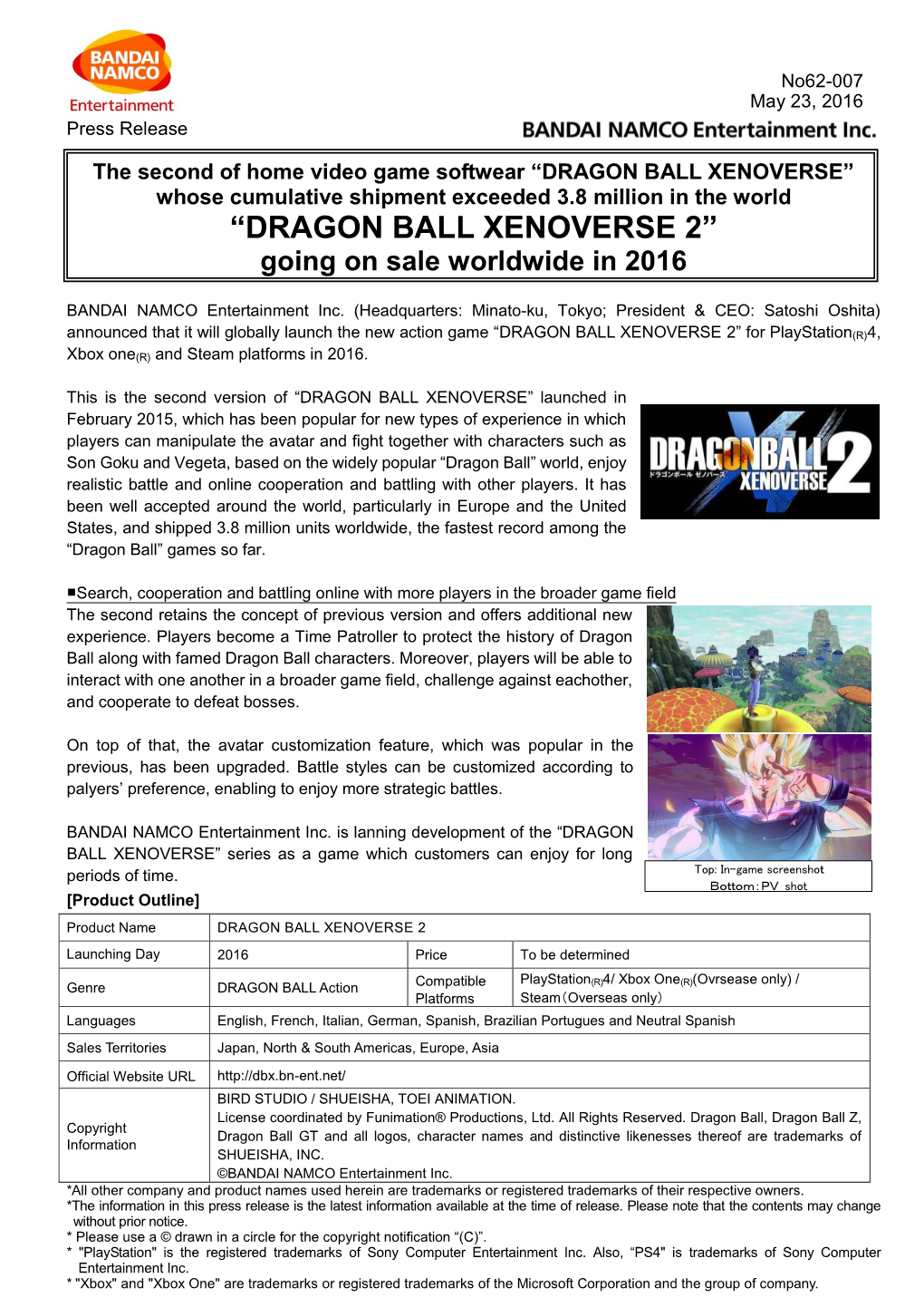 “DRAGON BALL XENOVERSE 2” Going on Sale Worldwide in 2016