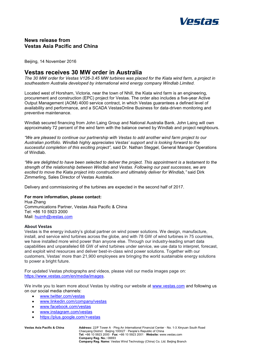 Vestas Receives 30 MW Order in Australia