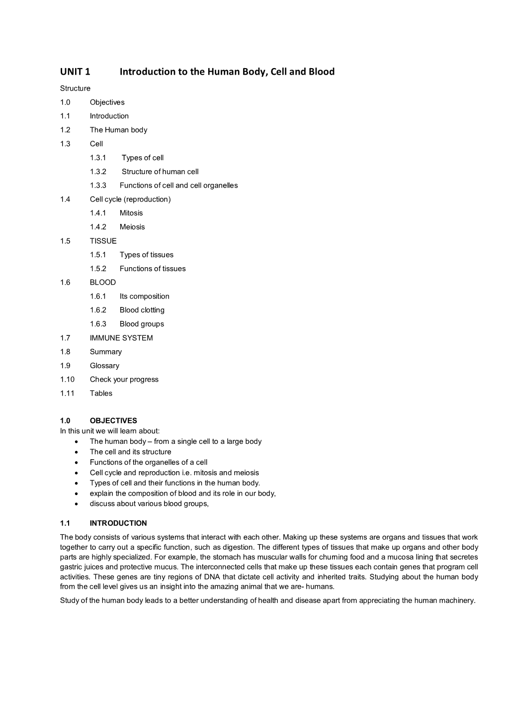 UNIT 1 Introduction to the Human Body, Cell and Blood