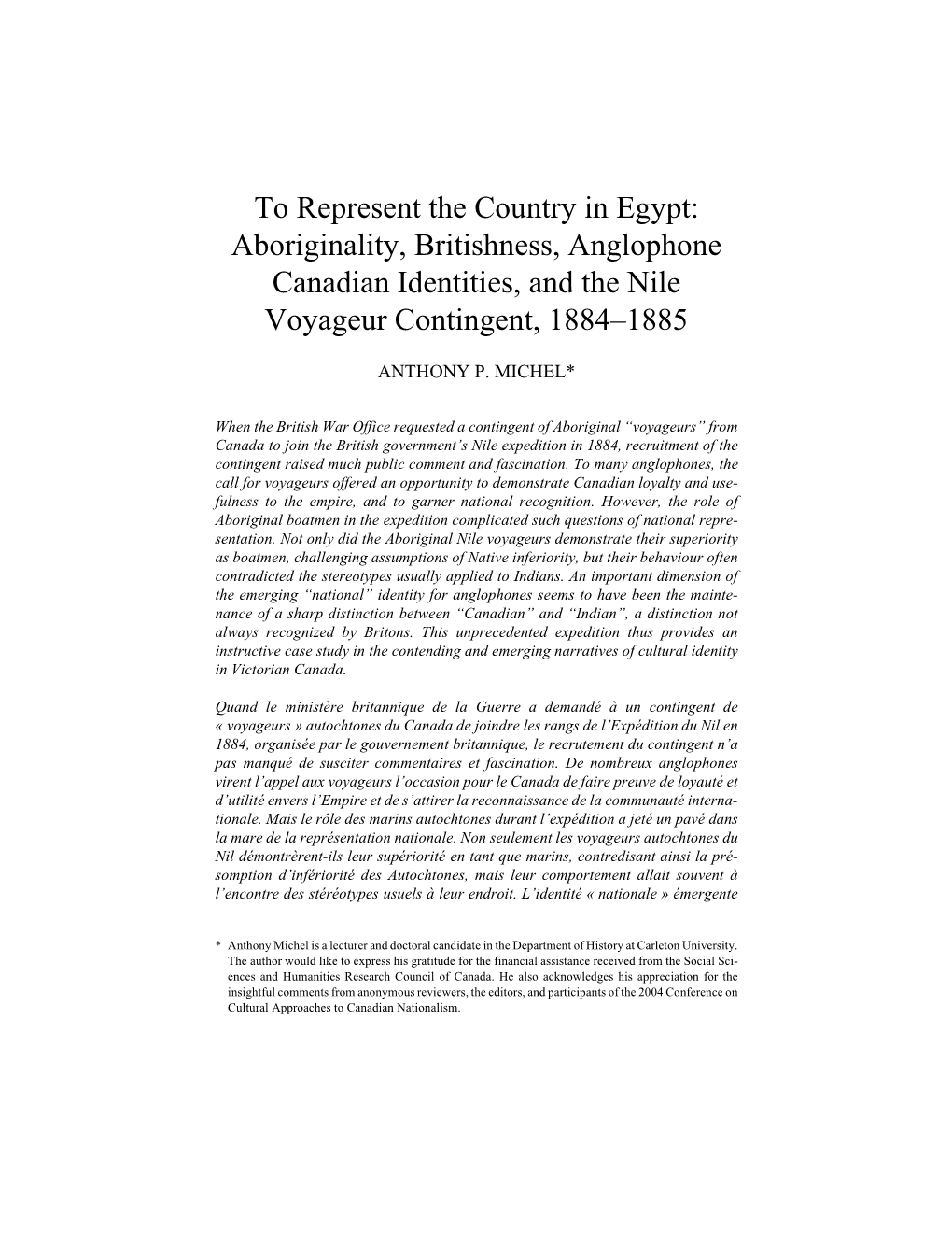 Aboriginality, Britishness, Anglophone Canadian Identities, and the Nile Voyageur Contingent, 1884–1885