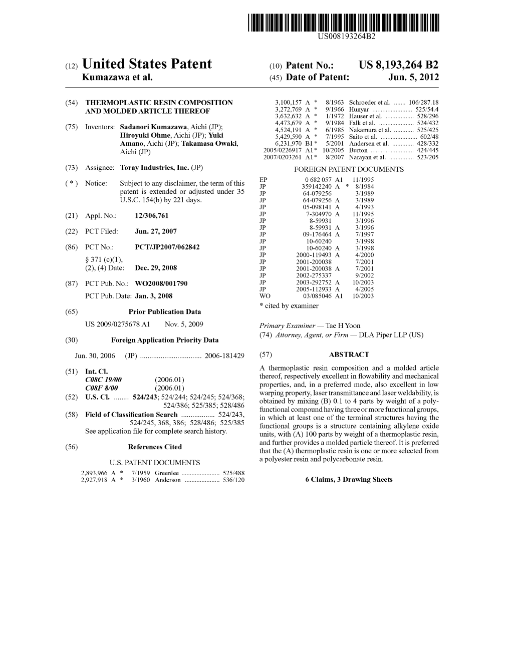 (12) United States Patent (10) Patent No.: US 8,193,264 B2 Kumazawa Et Al