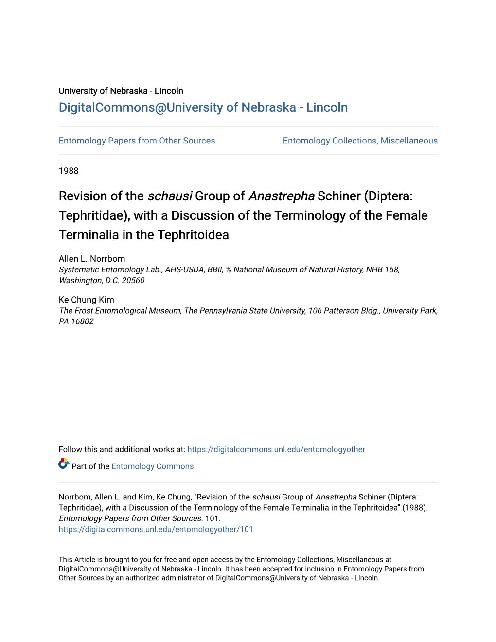 Diptera: Tephritidae), with a Discussion of the Terminology of the Female Terminalia in the Tephritoidea