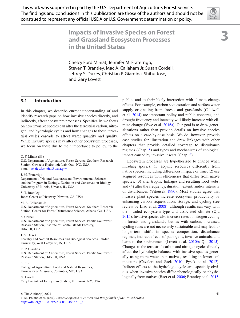 Impacts of Invasive Species on Forest and Grassland Ecosystem Processes 3 in the United States