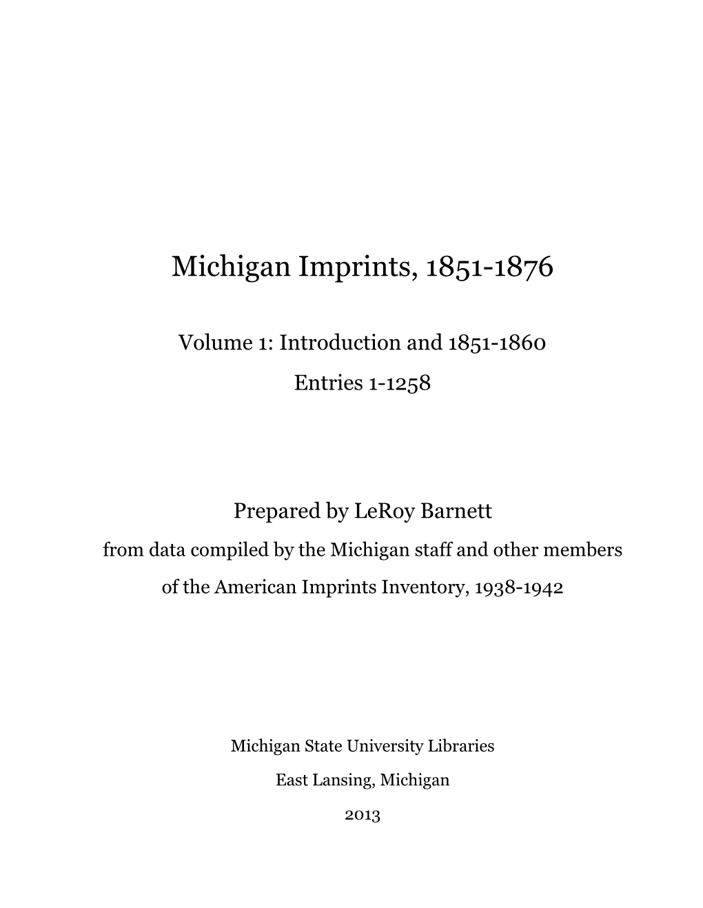 Michigan Imprints, 1851-1876