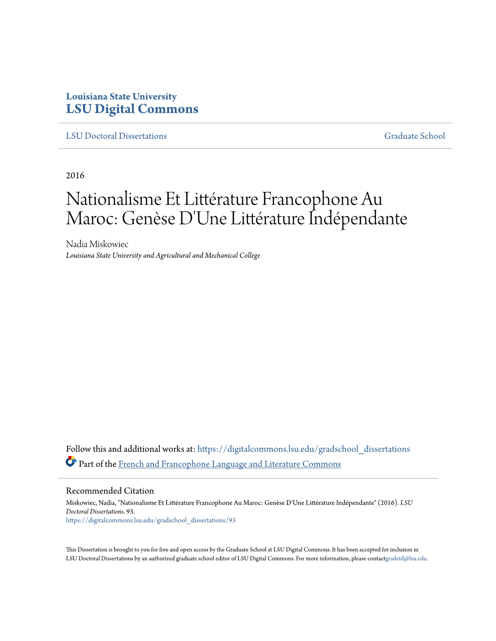 Nationalisme Et Littérature Francophone Au Maroc