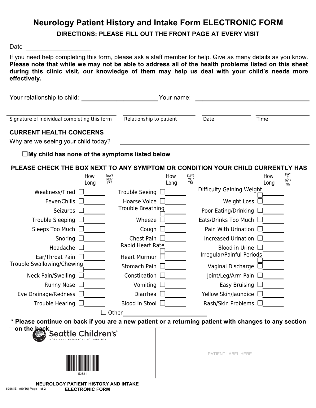 Neurology Patient History and Intake Form ELECTRONIC FORM