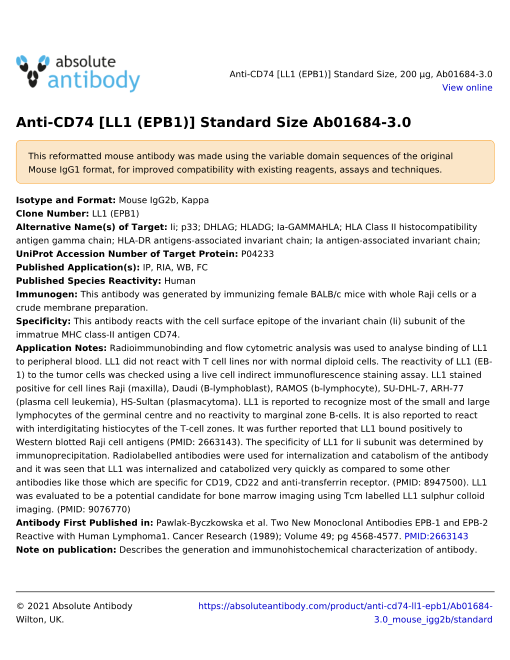 Anti-CD74 [LL1 (EPB1)] Standard Size Ab01684-3.0