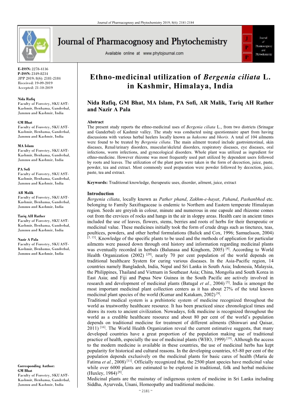 Ethno-Medicinal Utilization of Bergenia Ciliata L. in Kashmir