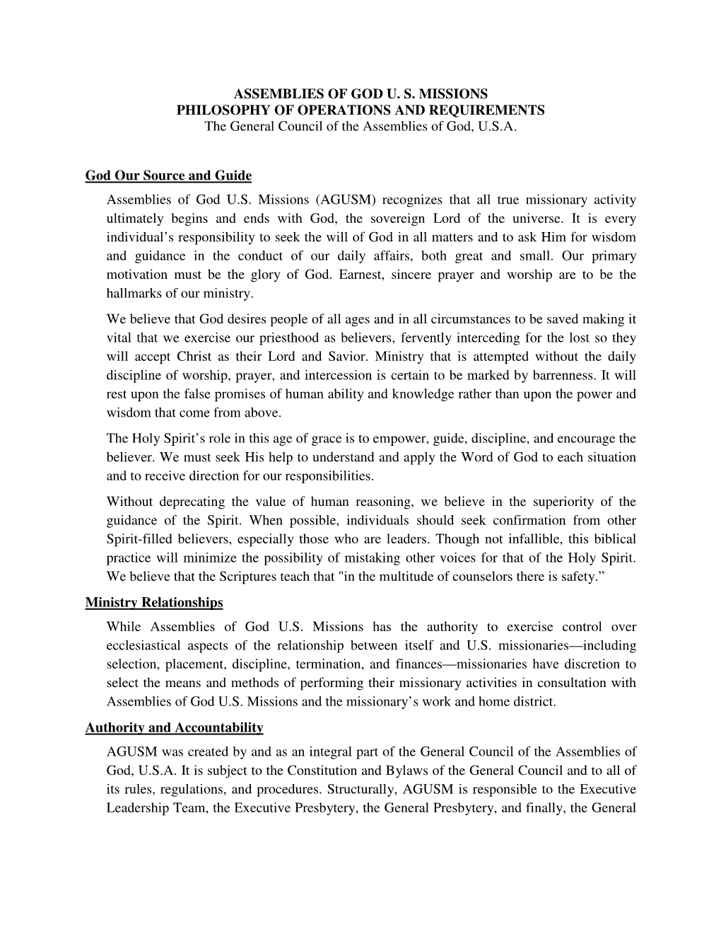 ASSEMBLIES of GOD U. S. MISSIONS PHILOSOPHY of OPERATIONS and REQUIREMENTS the General Council of the Assemblies of God, U.S.A