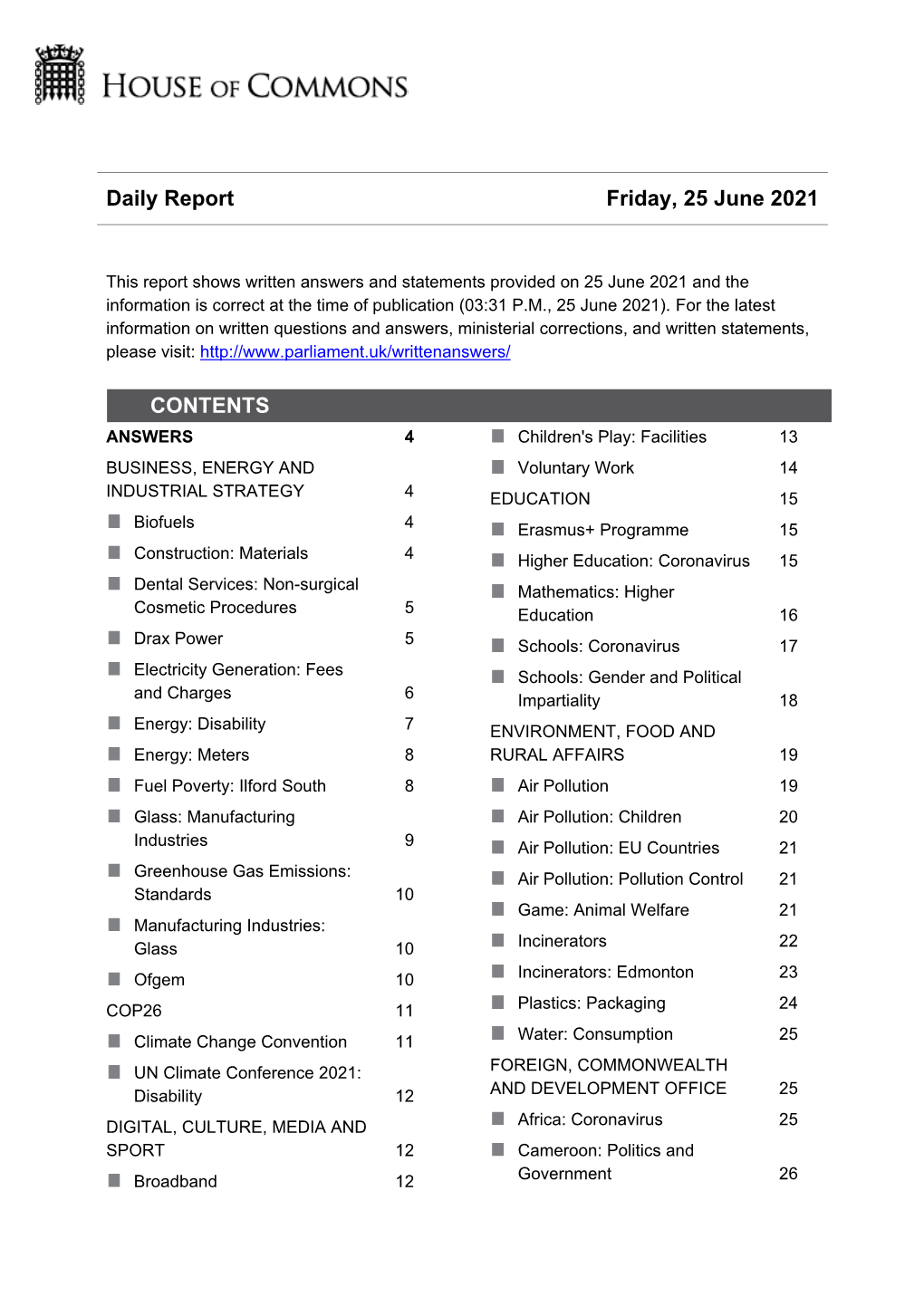 Daily Report Friday, 25 June 2021 CONTENTS