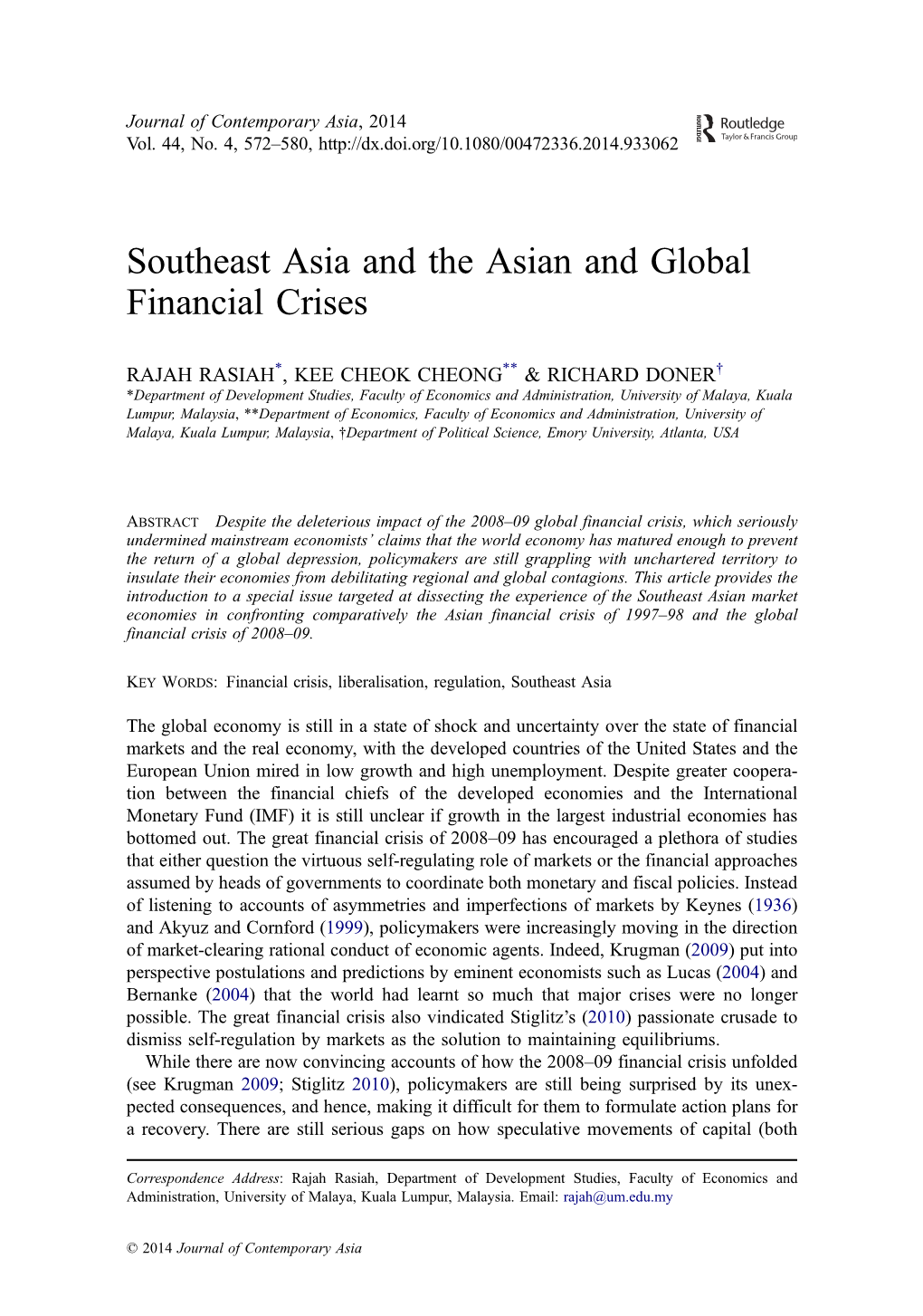 Southeast Asia and the Asian and Global Financial Crises