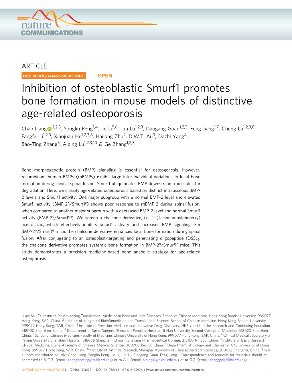 Inhibition of Osteoblastic Smurf1 Promotes Bone Formation in Mouse Models of Distinctive Age-Related Osteoporosis