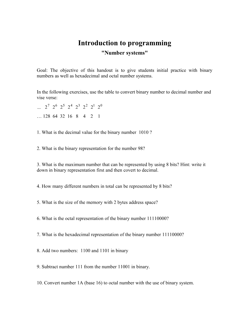 Exercises on Binary Numbers