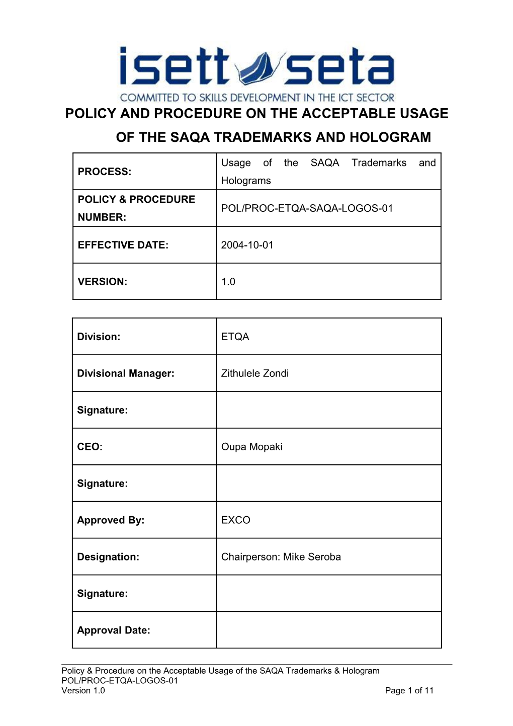 Policy and Procedures on the Acceptable Usage of the Saqa Trademarks and Holograms