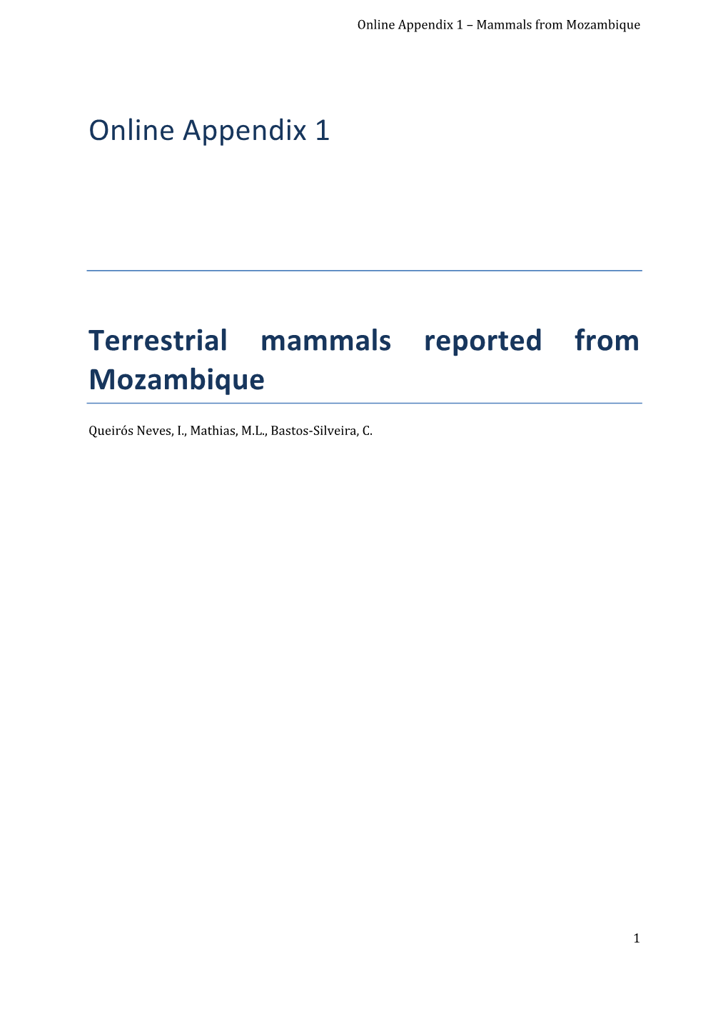 Online Appendix 1 Terrestrial Mammals Reported from Mozambique