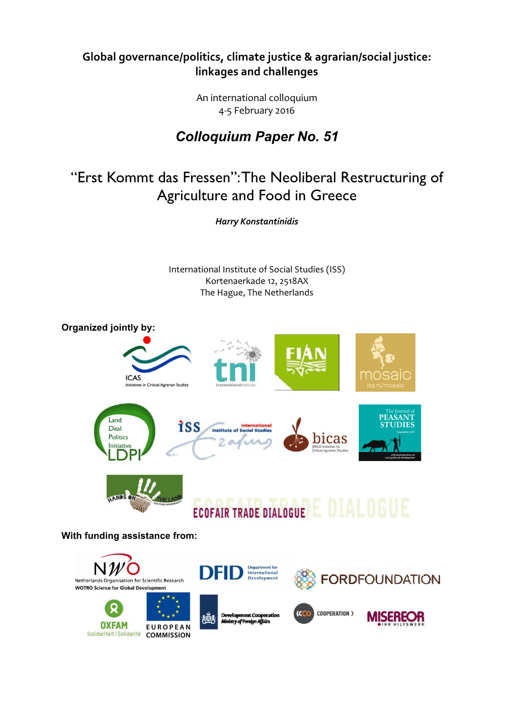 The Neoliberal Restructuring of Agriculture and Food in Greece