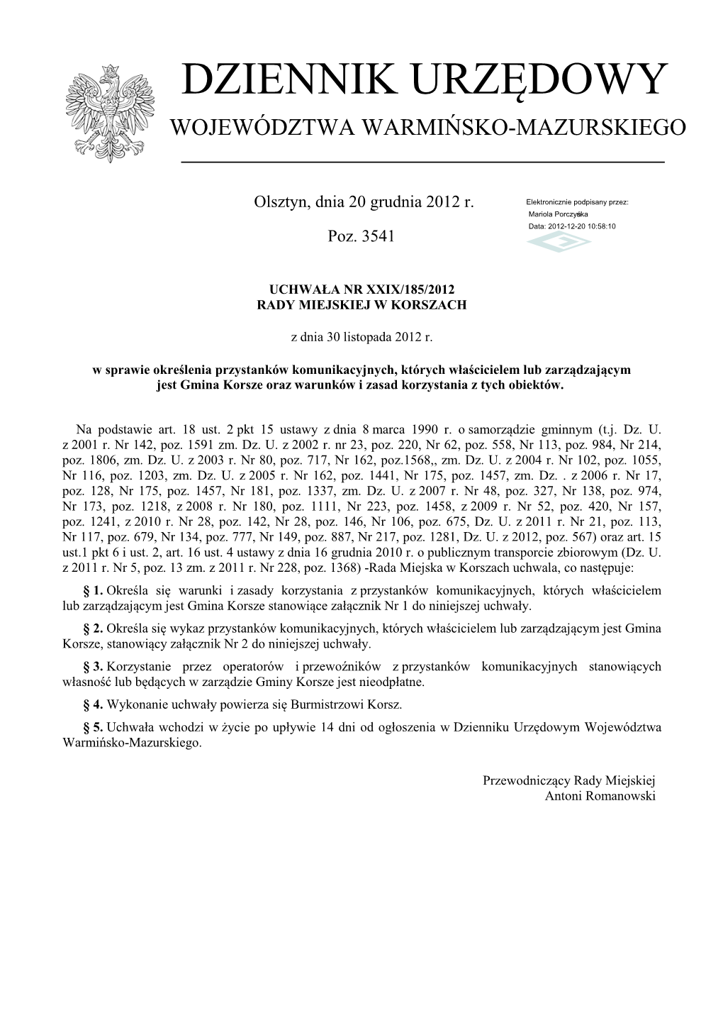 Uchwała Nr XXIX/185/2012 Z Dnia 30 Listopada 2012 R