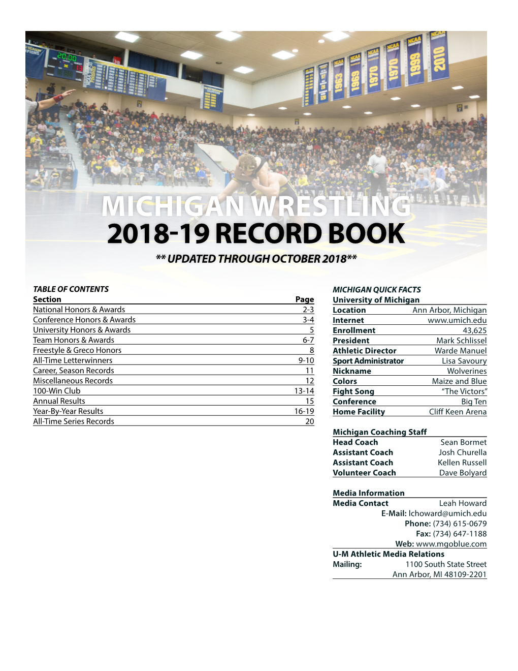 Michigan Wrestling 2018-19 Record Book ** Updated Through October 2018**
