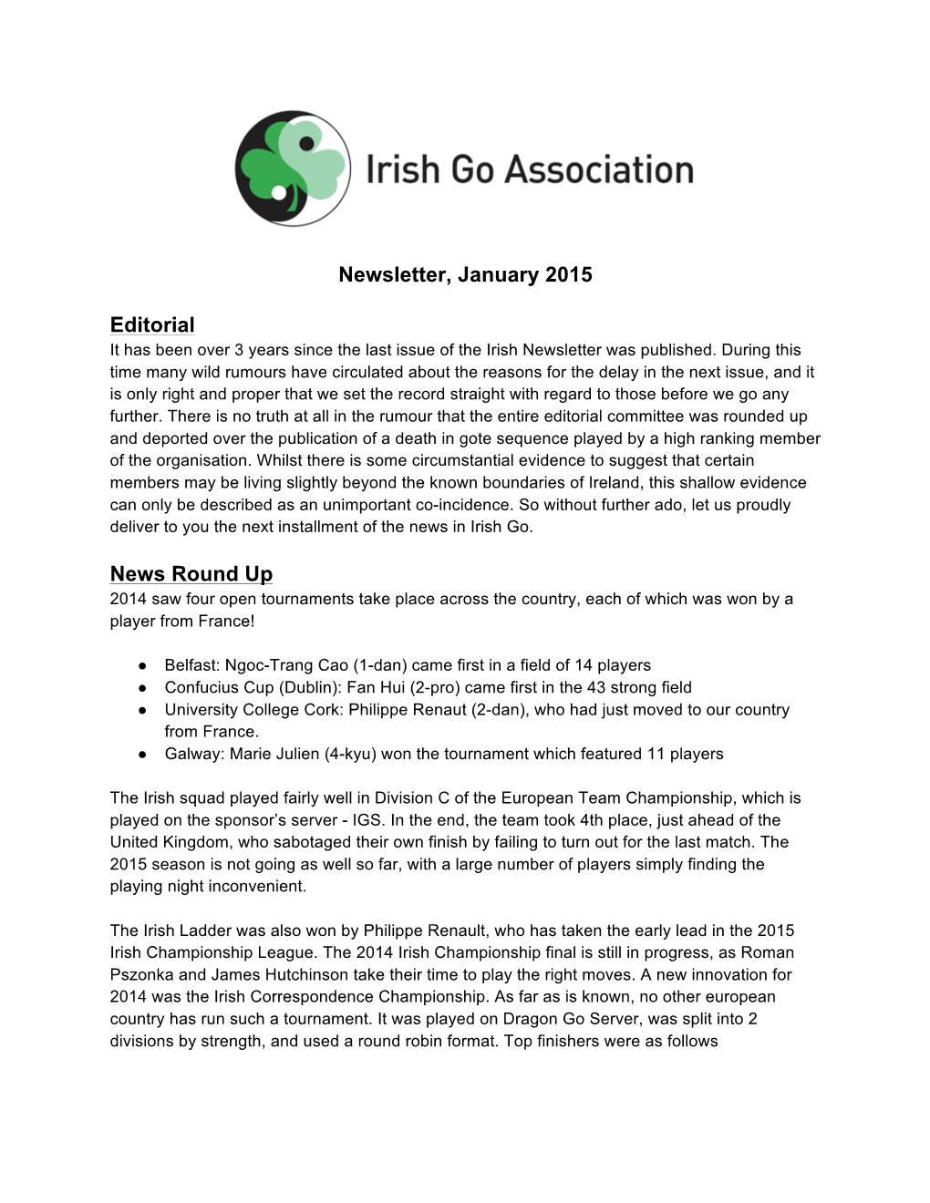 Newsletter, January 2015 Editorial News Round Up