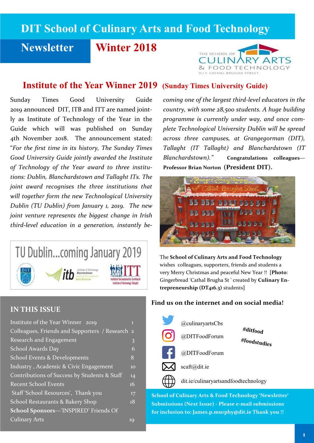 DIT School of Culinary Arts and Food Technology Newsletter Winter 2018
