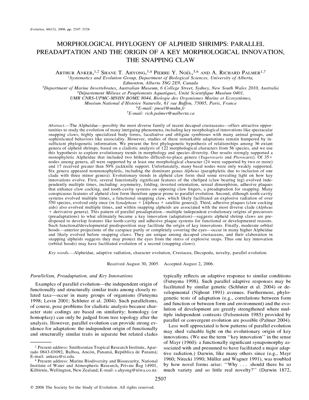 Morphological Phylogeny of Alpheid Shrimps: Parallel Preadaptation and the Origin of a Key Morphological Innovation, the Snapping Claw