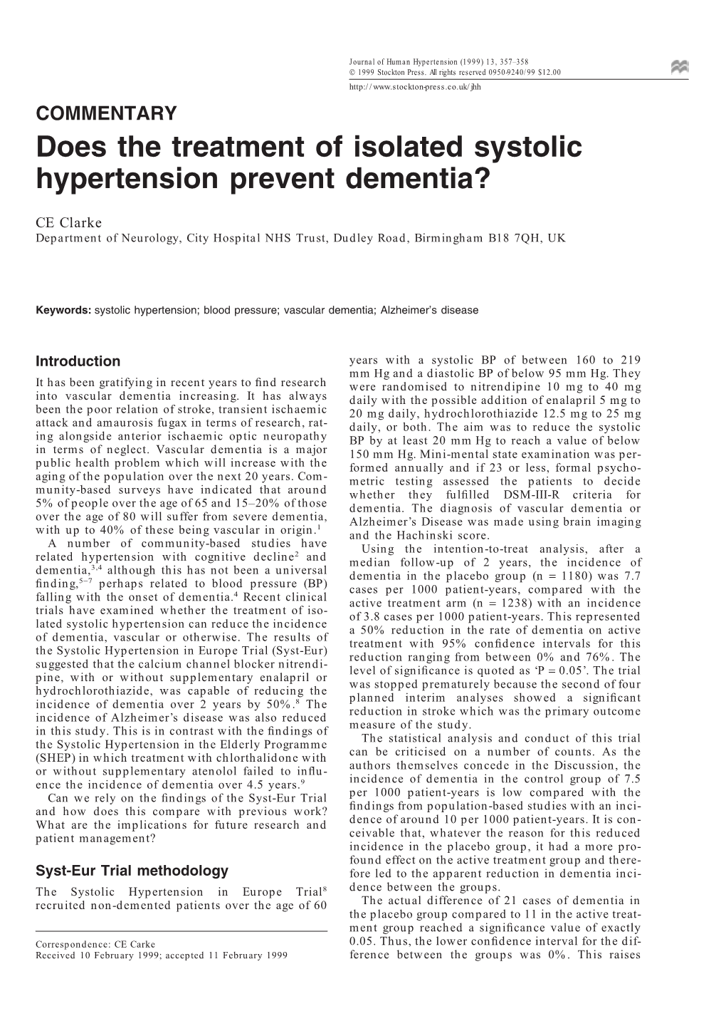 Does the Treatment of Isolated Systolic Hypertension Prevent Dementia?
