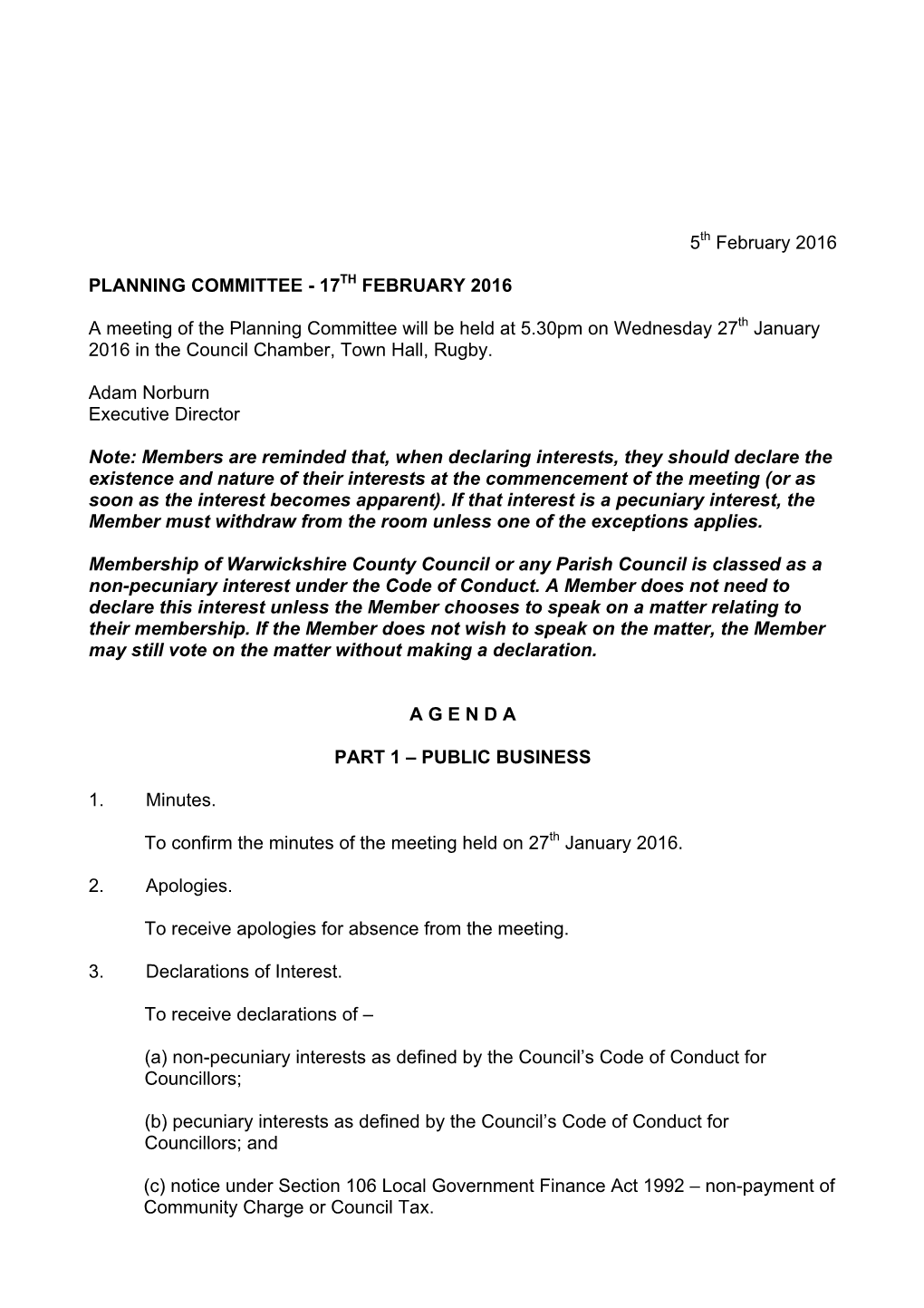 Planning Committee 17 February 2016 Agenda Part 1 Only